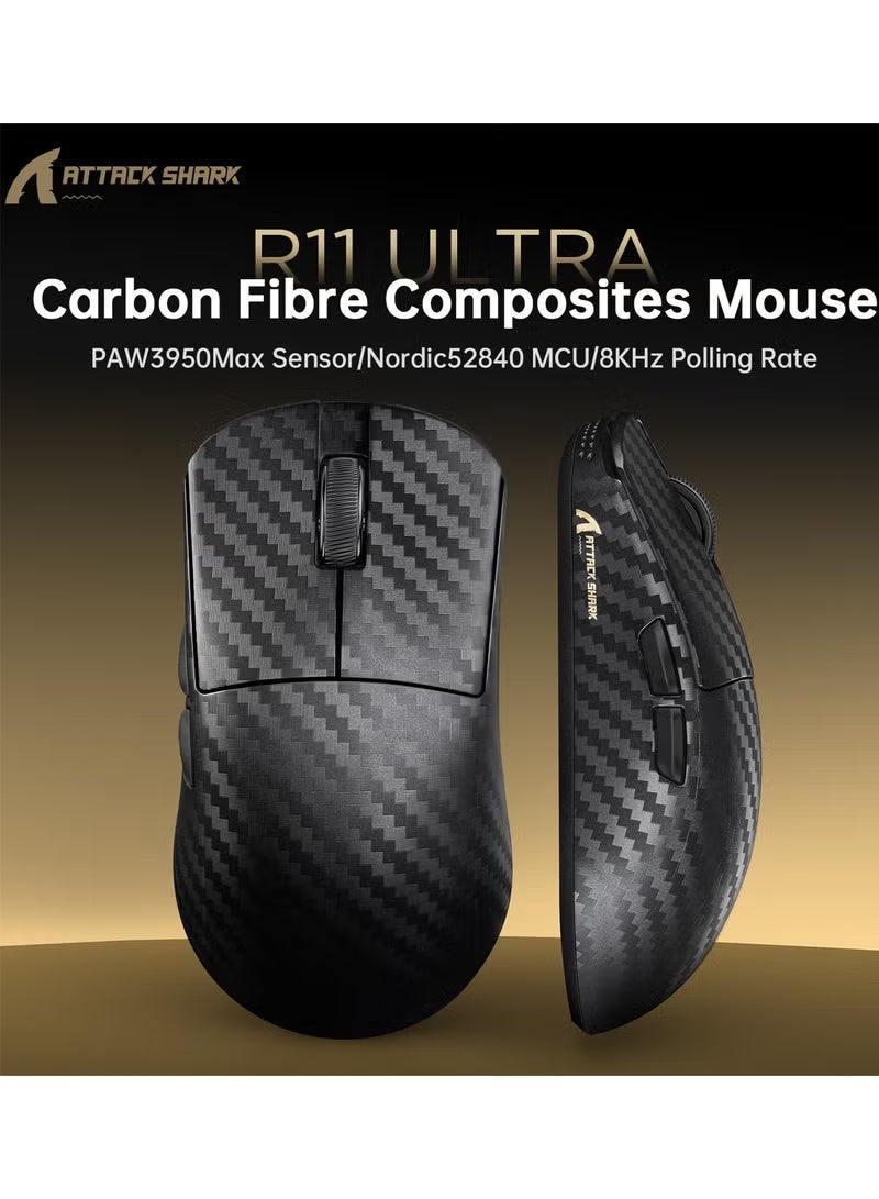 هجوم القرش ماوس الألعاب اللاسلكي R11 Ultra 8K المصنوع من ألياف الكربون، بدقة 42000 نقطة في البوصة، ومستشعر PAW3950 MAX، ووزن خفيف للغاية 49 جرامًا، وشريحة معالج Nordic 52840، قابل للبرمجة (سلكي/بلوتوث/2.4 جيجاهرتز)، مع كابل ملفوف بإضاءة RGB لأجهزة الكمبيوتر (موجة سوداء). - Image 2